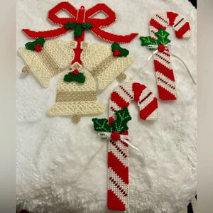 Vintage Crochet Knit Christmas Bells Candy Canes Decor Handmade 80’s Grannycore